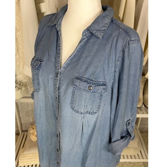 Intro Women's Size 2X Roll Tab Sleeve Medium Blue Chambray Blouse #0468 - Picture 2 of 12
